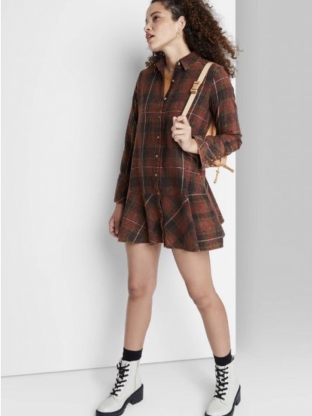 wild fable Plaid Mini Shirt Dress in Rust and Brown